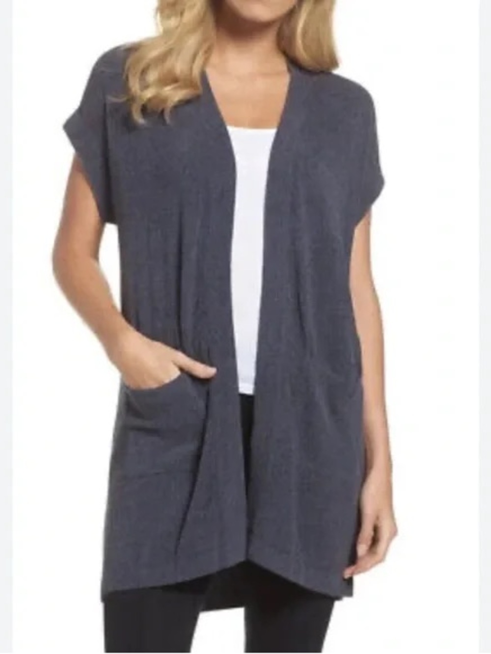 Barefoot Dreams Plush Open-Front Short Sleeve Cardigan - Charcoal Gray